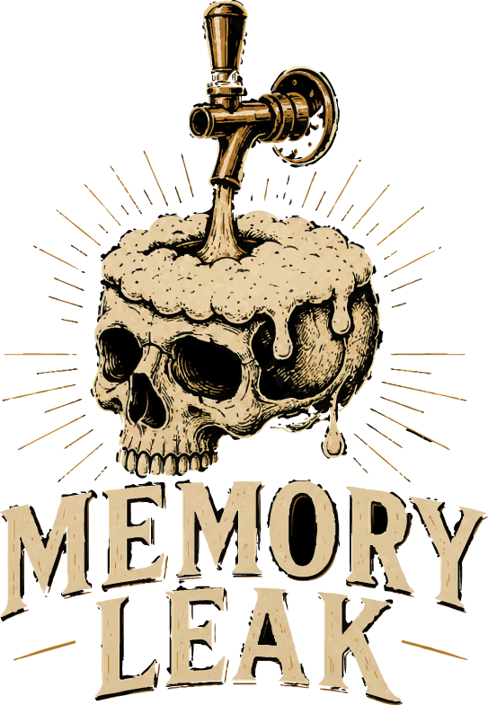Memory Leak — calavera con espuma de cerveza y una canilla de chopera clavada en el cráneo